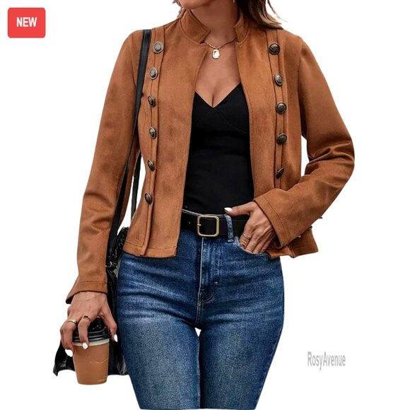 Jackets & Blazers - Faux Suede Leather Jacket Cropped Blazer Slim Waist Long Sleeve